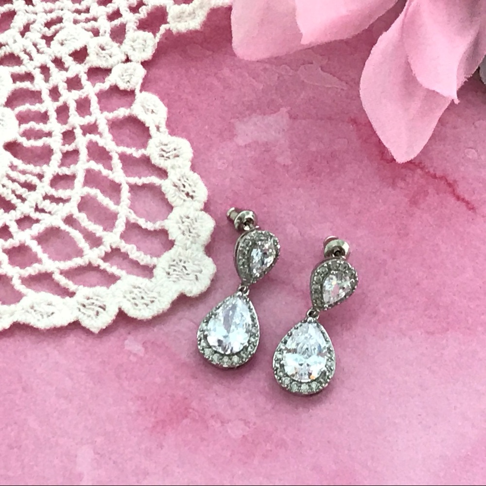 Teardrop Dangle Silver Pear Crystal Earrings